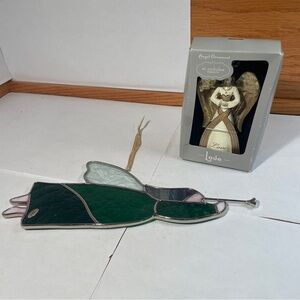 Green and Silver Angel Stained Glass Ornament and Ivory w Gold Love Ornament